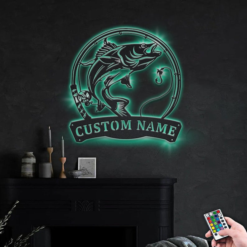 Personalized Walleye Fishing Fish Pole Monogram Metal Sign WITH LED/WITHOUT LED Lights Custom Walleye Fishing Metal Sign Fishing Gifts Walleye Sign
