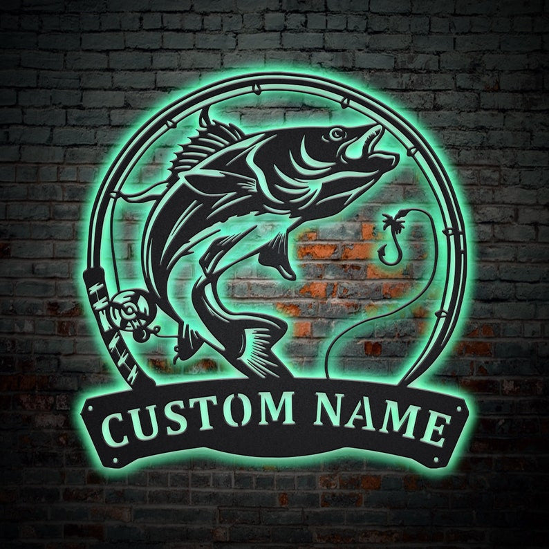 Personalized Walleye Fishing Fish Pole Monogram Metal Sign WITH LED/WITHOUT LED Lights Custom Walleye Fishing Metal Sign Fishing Gifts Walleye Sign