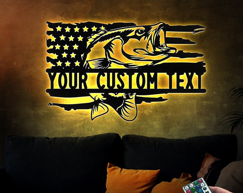 Custom US Flag Bass Fish Metal Wall Art WITH LED/WITHOUT LEDs, Personalized Gift For Dad, Fathers Day Gift, Gift for Grandpa, Gift for Papa, Papaw