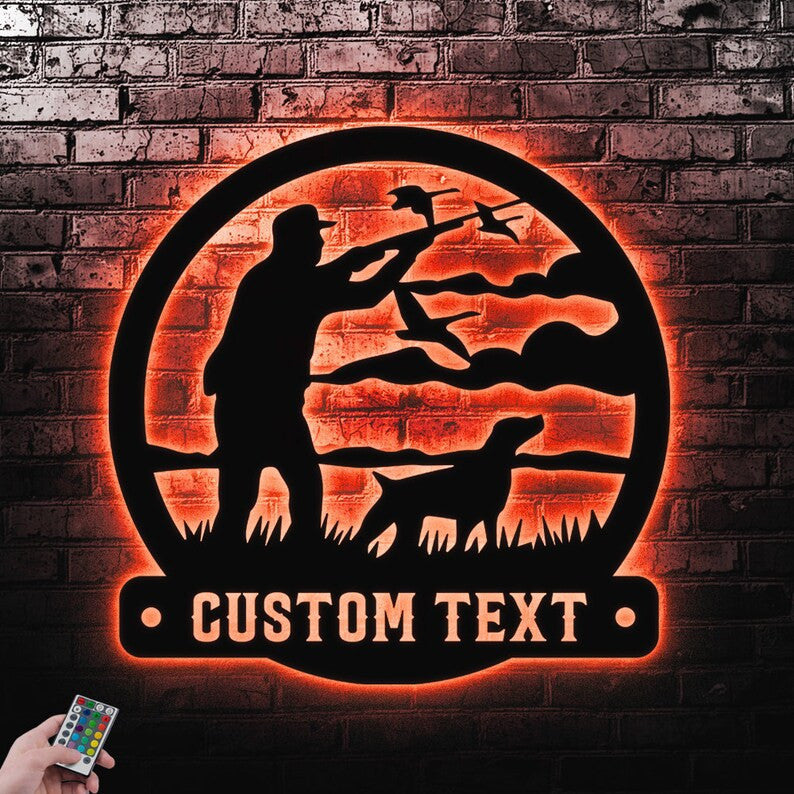 Hunting Dog Hungtin Duck Custom Text Metal Sign Wall Art WITH LED/WITHOUT LED Lights Personalized Family Name Sign Metal Wall Decor Housewarming Gift