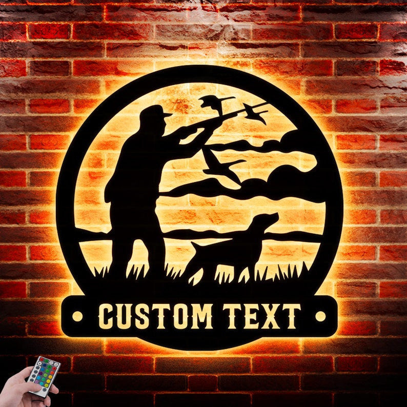 Hunting Dog Hungtin Duck Custom Text Metal Sign Wall Art WITH LED/WITHOUT LED Lights Personalized Family Name Sign Metal Wall Decor Housewarming Gift