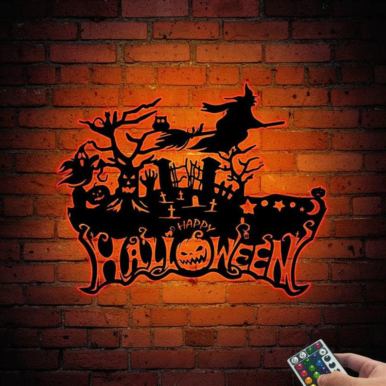 Halloween Halloween Metal Wall Art WITH LED/WITHOUT LEDs, Witch With Ghost Sign, Halloween Grave, Haunted House Decoration, Halloween Night Light