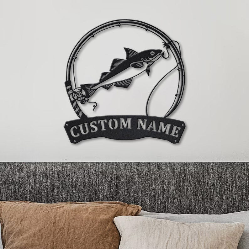 Personalized Haddock Fishing Fish Pole Metal Sign Art Custom Haddock Fishing Monogram Metal Sign Fishing Gifts Hobbie Gift
