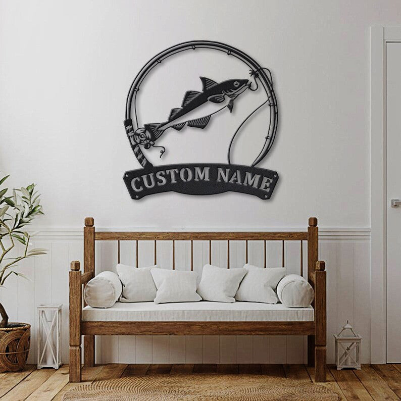 Personalized Haddock Fishing Fish Pole Metal Sign Art Custom Haddock Fishing Monogram Metal Sign Fishing Gifts Hobbie Gift