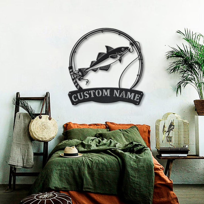 Personalized Haddock Fishing Fish Pole Metal Sign Art Custom Haddock Fishing Monogram Metal Sign Fishing Gifts Hobbie Gift