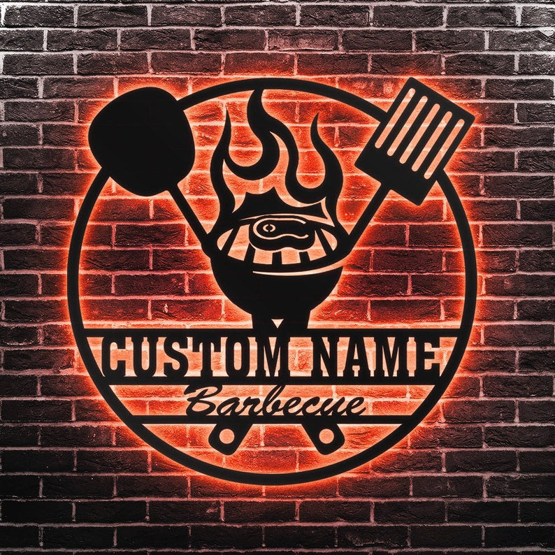 Custom Grilling Metal Wall Art Personalized Outdoor Smokehouse Led Sign Barbecue Backyard Family Sign