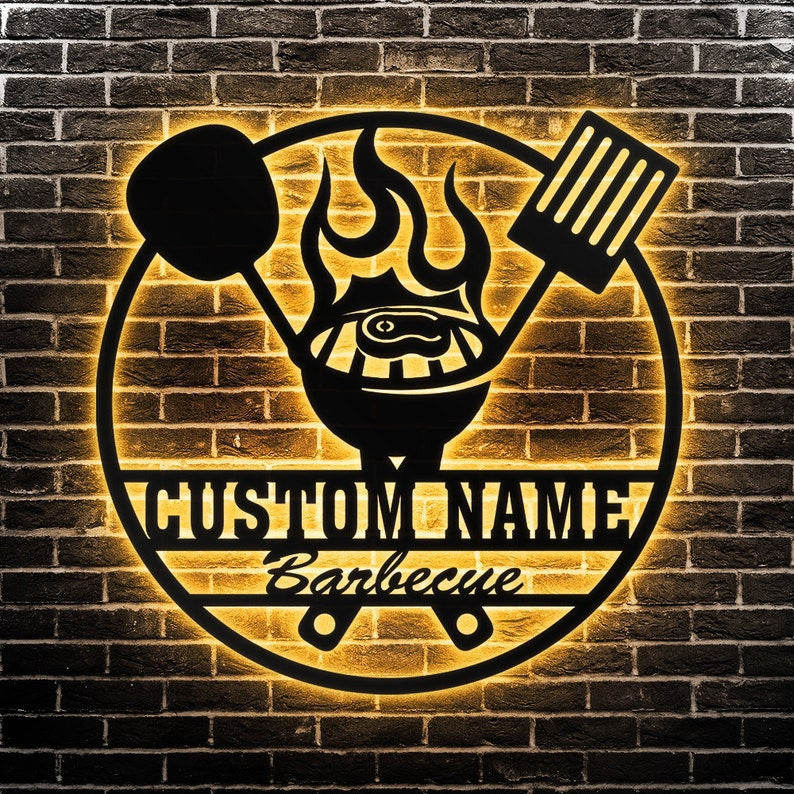 Custom Grilling Metal Wall Art Personalized Outdoor Smokehouse Led Sign Barbecue Backyard Family Sign