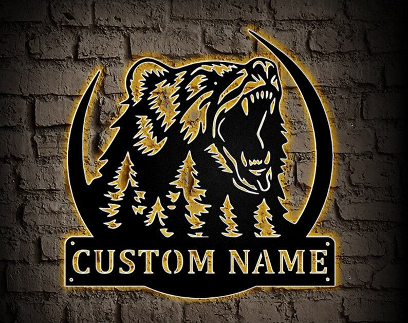 Custom Bear Metal Wall Art WITH LED/WITHOUT LEDs Grizzly Bear Metal Sign Personalized Bear Name Sign Bear Wildlife Metal Wall Decor Custom Bear Sign