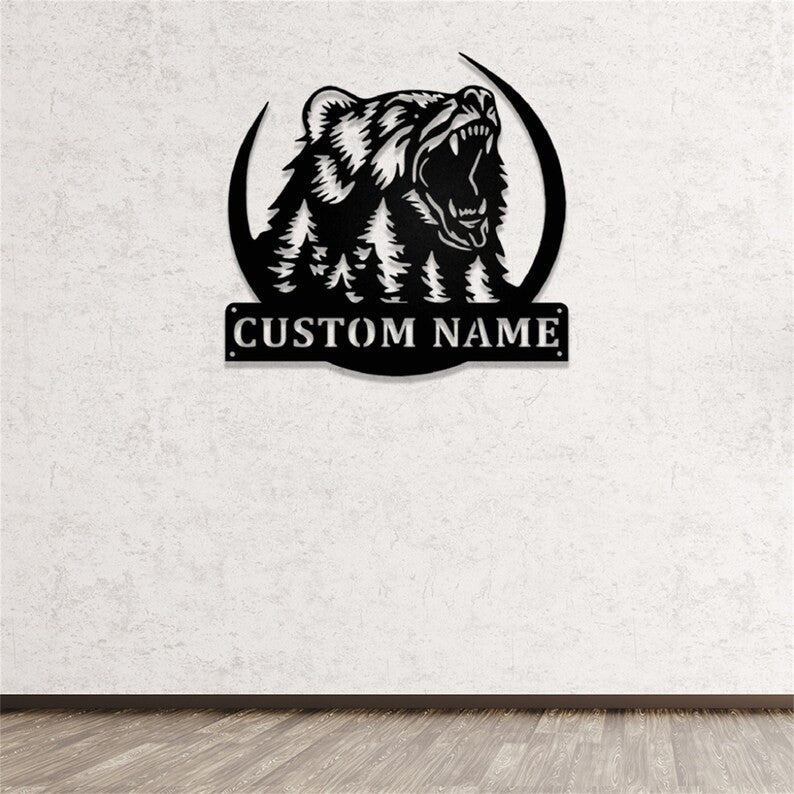 Custom Bear Metal Wall Art WITH LED/WITHOUT LEDs Grizzly Bear Metal Sign Personalized Bear Name Sign Bear Wildlife Metal Wall Decor Custom Bear Sign