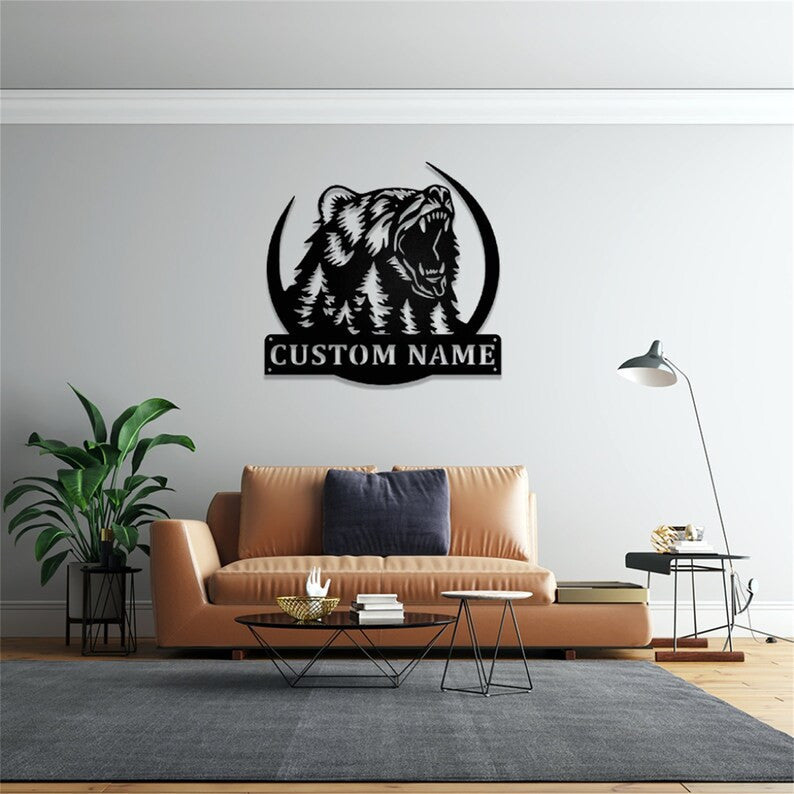 Custom Bear Metal Wall Art WITH LED/WITHOUT LEDs Grizzly Bear Metal Sign Personalized Bear Name Sign Bear Wildlife Metal Wall Decor Custom Bear Sign
