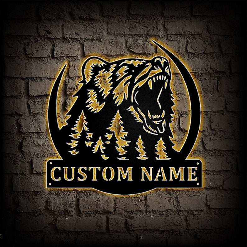 Custom Bear Metal Wall Art WITH LED/WITHOUT LEDs Grizzly Bear Metal Sign Personalized Bear Name Sign Bear Wildlife Metal Wall Decor Custom Bear Sign