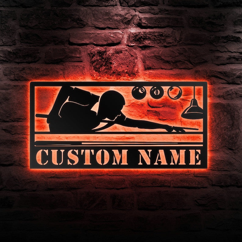 Custom Billiards Metal Wall Art Personalized Billiards Room Name Sign WITH LED/WITHOUT LED Lights Living Room Decor Pool Player Gift