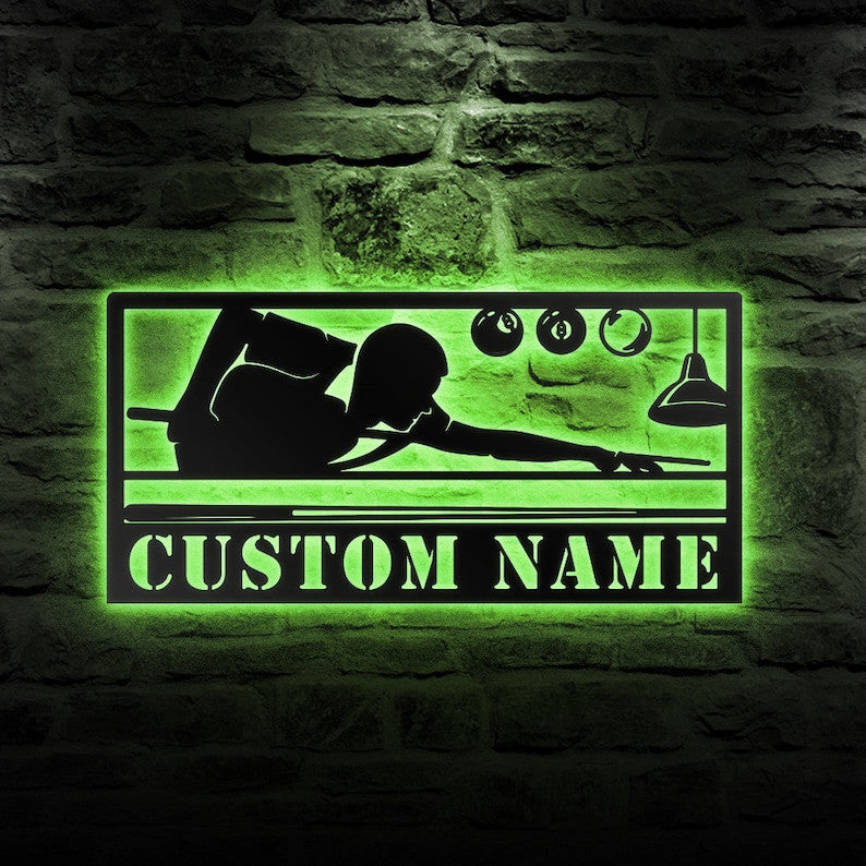 Custom Billiards Metal Wall Art Personalized Billiards Room Name Sign WITH LED/WITHOUT LED Lights Living Room Decor Pool Player Gift