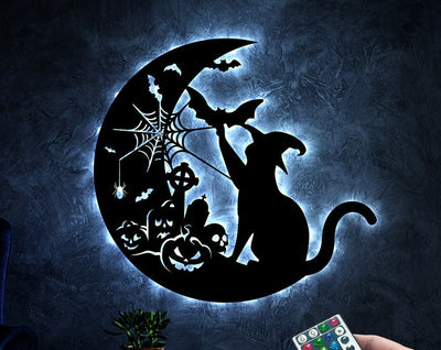 Witch Cat On The Moon Metal Wall Art WITH LED/WITHOUT LED Lights, Cat With Bat Sign, Witch Cat Halloween, Cat Lover Gift, Halloween Theme Sign