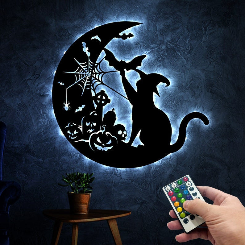 Witch Cat On The Moon Metal Wall Art WITH LED/WITHOUT LED Lights, Cat With Bat Sign, Witch Cat Halloween, Cat Lover Gift, Halloween Theme Sign