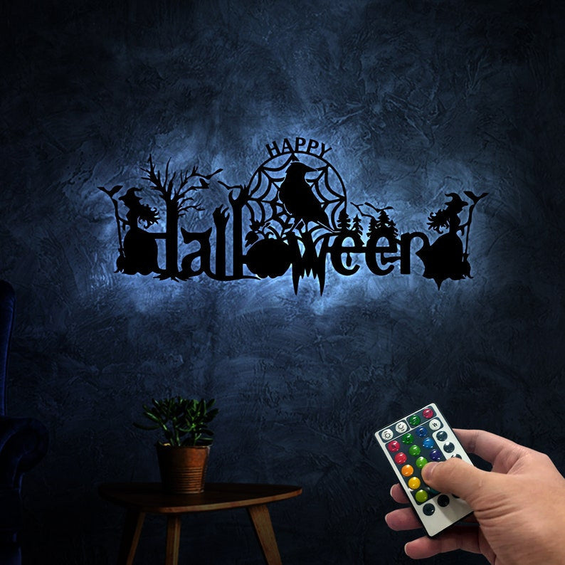 Happy Halloween Metal Wall Art WITH LED/WITHOUT LED Lights, Raven Halloween Sign, Witches Halloween Decor, Cool Halloween Room Decor, Bat Pumpkin Sign