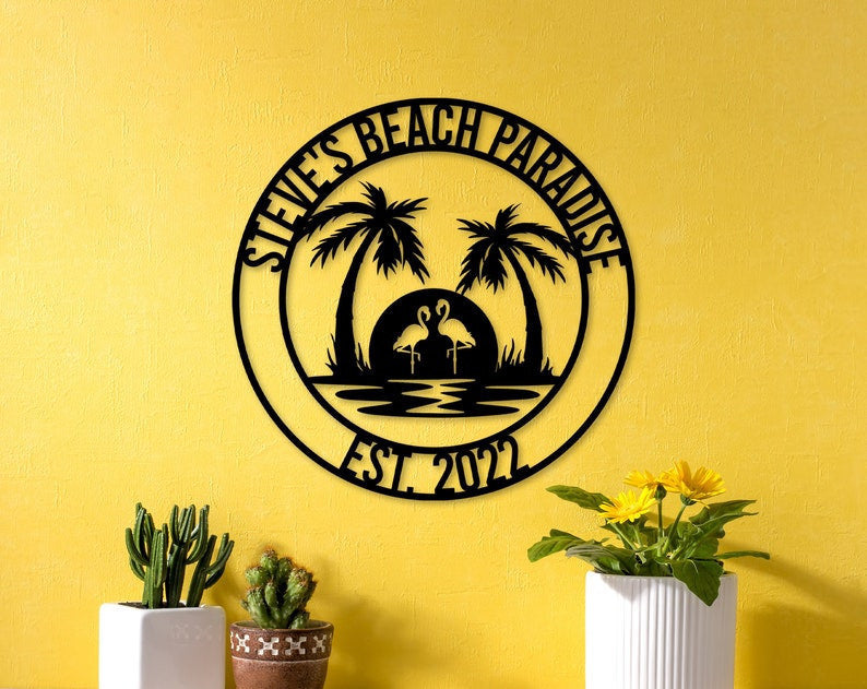 Flamingo Metal Wall Art, Personalized Beach Sign Paradise, Wedding Gifts, Housewarming Gifts, Flamingo Sunset Welcome Sign, Birthday Gift