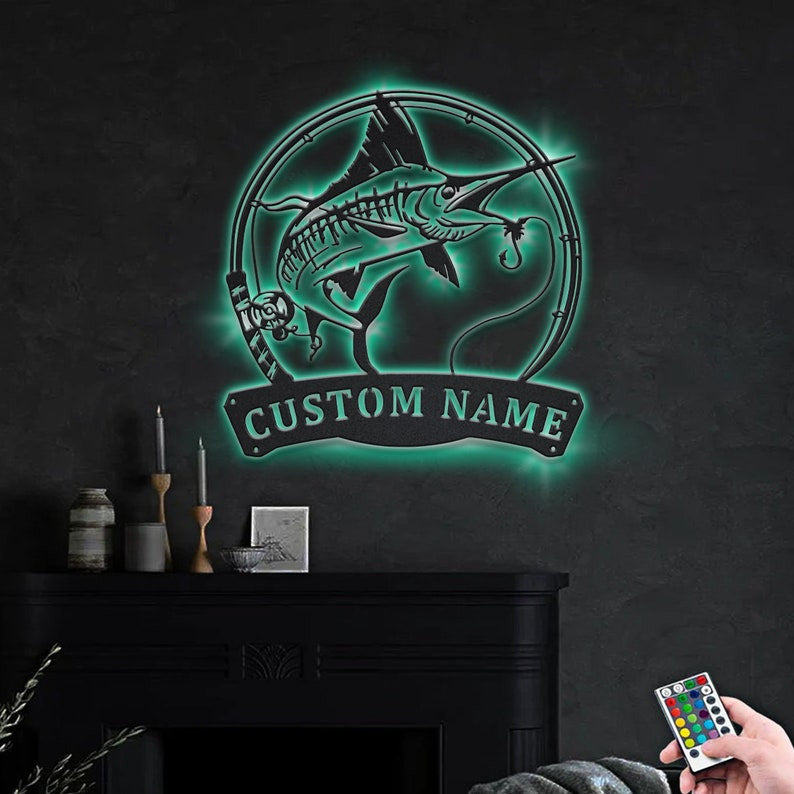 Personalized Swordfish Fishing Fish Pole Monogram Metal Sign WITH LED/WITHOUT LED Lights Custom Swordfish Metal Sign Hobbie Gifts Swordfish Sign