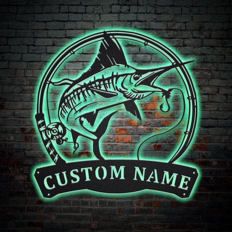 Personalized Swordfish Fishing Fish Pole Monogram Metal Sign WITH LED/WITHOUT LED Lights Custom Swordfish Metal Sign Hobbie Gifts Swordfish Sign