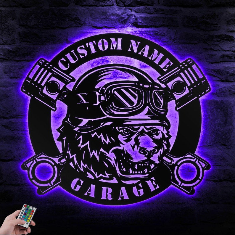 Custom Bear Biker Metal Wall Art Custom Garage Sign WITH LED/WITHOUT LED Lights Personalized Biker Name Sign Dad Gifts Motor Enthusiast