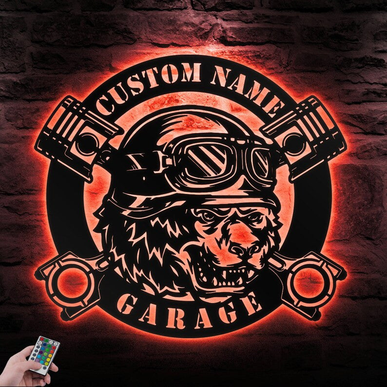 Custom Bear Biker Metal Wall Art Custom Garage Sign WITH LED/WITHOUT LED Lights Personalized Biker Name Sign Dad Gifts Motor Enthusiast