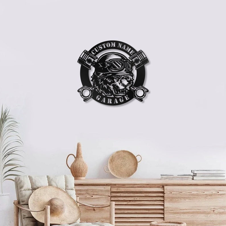Custom Bear Biker Metal Wall Art Custom Garage Sign WITH LED/WITHOUT LED Lights Personalized Biker Name Sign Dad Gifts Motor Enthusiast