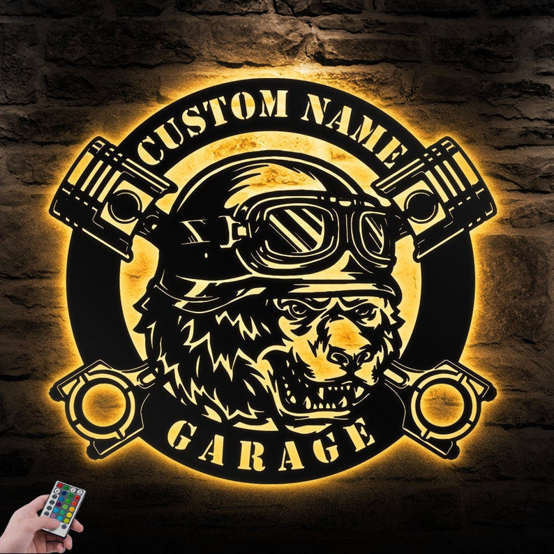 Custom Bear Biker Metal Wall Art Custom Garage Sign WITH LED/WITHOUT LED Lights Personalized Biker Name Sign Dad Gifts Motor Enthusiast