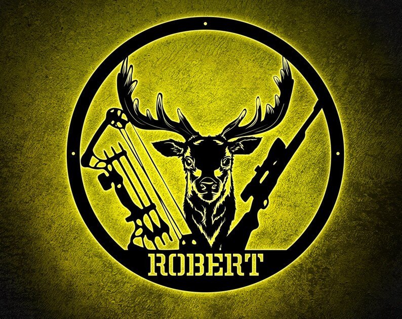 Personalized Deer Hunter Metal Sign WITH LED/WITHOUT LEDs, Custom Family Name Sign, Hunting Cabin Sign, Housewarming Gift, Cottage Sign, Gift For Him