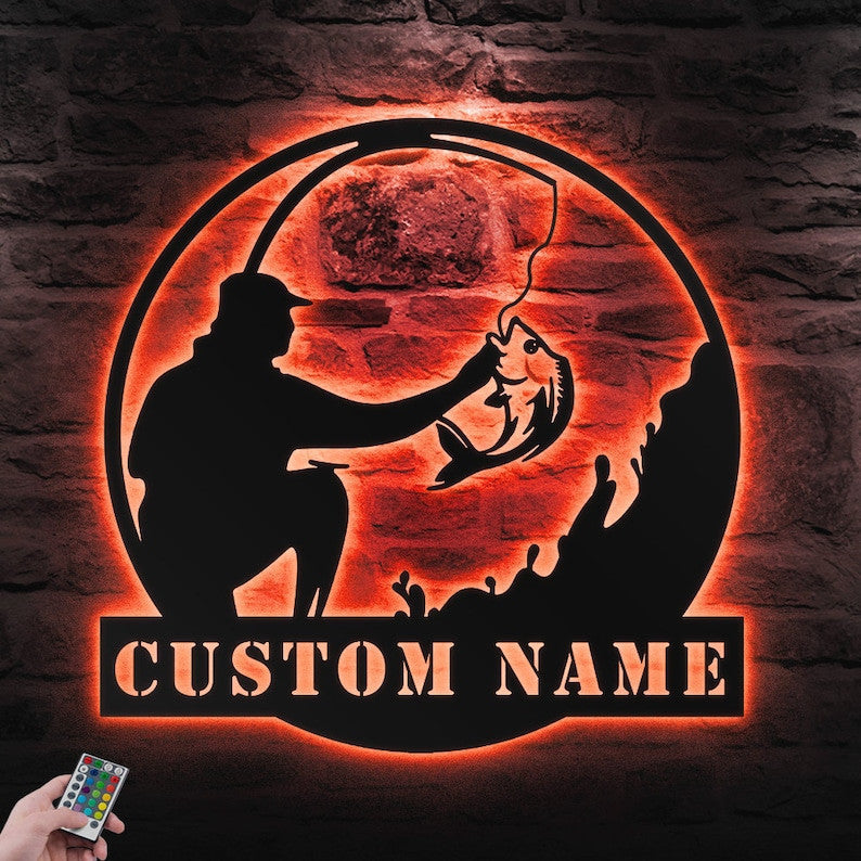Custom Fishing Metal Wall Art Personalized Fishing Name Sign WITH LED/WITHOUT LED Lights Bass Fishing Metal Monogram