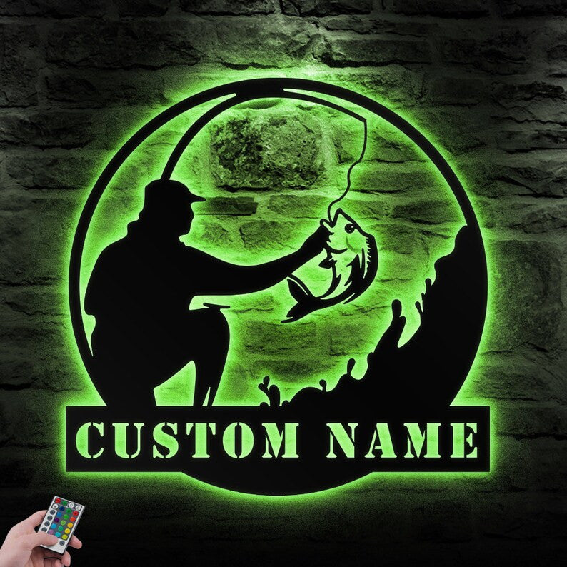 Custom Fishing Metal Wall Art Personalized Fishing Name Sign WITH LED/WITHOUT LED Lights Bass Fishing Metal Monogram
