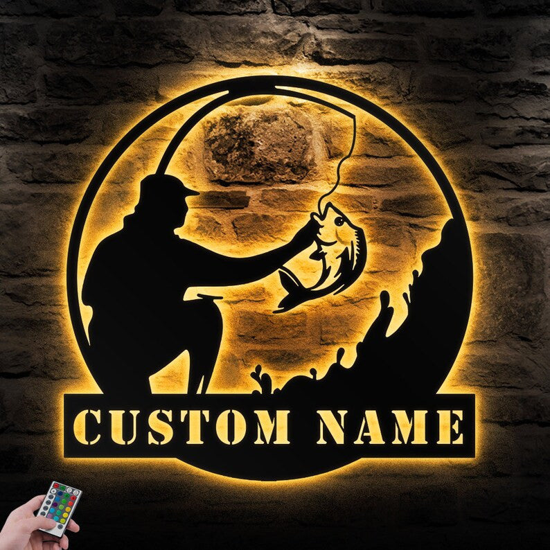 Custom Fishing Metal Wall Art Personalized Fishing Name Sign WITH LED/WITHOUT LED Lights Bass Fishing Metal Monogram