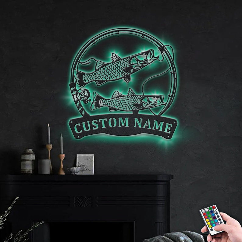 Personalized Common Snook Fishing Fish Pole Monogram Metal Sign WITH LED/WITHOUT LED Lights Custom Common Snook Fishing Metal Sign Hobbie Gifts