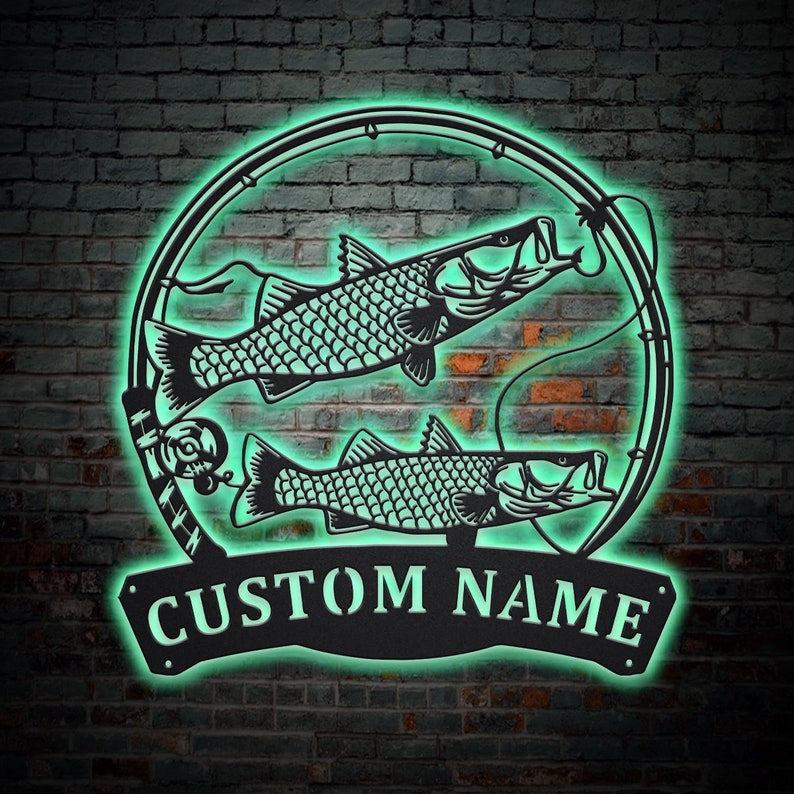 Personalized Common Snook Fishing Fish Pole Monogram Metal Sign WITH LED/WITHOUT LED Lights Custom Common Snook Fishing Metal Sign Hobbie Gifts