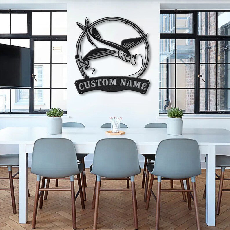 Personalized Flying Fish Fishing Fish Pole Metal Sign Art Custom Flying Fish Fishing Metal Sign Fishing Love Sign Decoration For Living Room