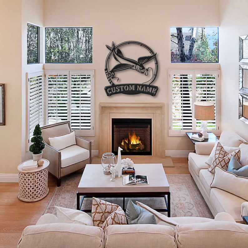 Personalized Flying Fish Fishing Fish Pole Metal Sign Art Custom Flying Fish Fishing Metal Sign Fishing Love Sign Decoration For Living Room
