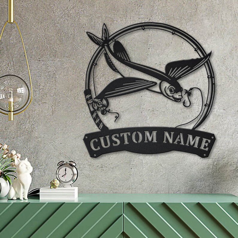 Personalized Flying Fish Fishing Fish Pole Metal Sign Art Custom Flying Fish Fishing Metal Sign Fishing Love Sign Decoration For Living Room