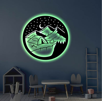 Camping Nature LED Metal Art Sign Light up Camping Metal Sign Multi Colors Mountain Sign Metal Nature Home Decor LED Wall Art Gift