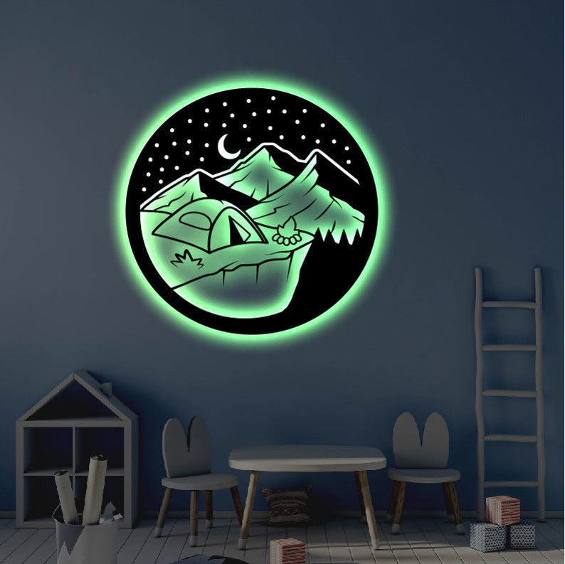 Camping Nature LED Metal Art Sign Light up Camping Metal Sign Multi Colors Mountain Sign Metal Nature Home Decor LED Wall Art Gift