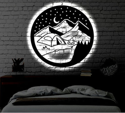 Camping Nature LED Metal Art Sign Light up Camping Metal Sign Multi Colors Mountain Sign Metal Nature Home Decor LED Wall Art Gift