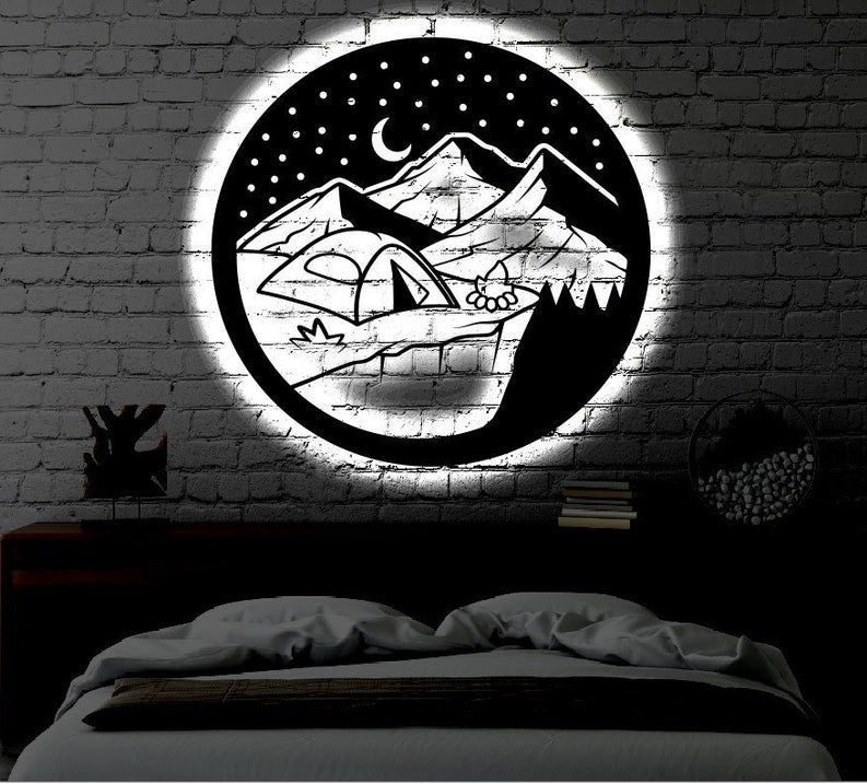 Camping Nature LED Metal Art Sign Light up Camping Metal Sign Multi Colors Mountain Sign Metal Nature Home Decor LED Wall Art Gift