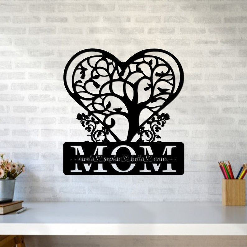 Personalized Metal Wall Mom Sign Heart Tree Metal Sign Mother's Day Gift Custom Kid Name House Decor Gift For Mom Grandma