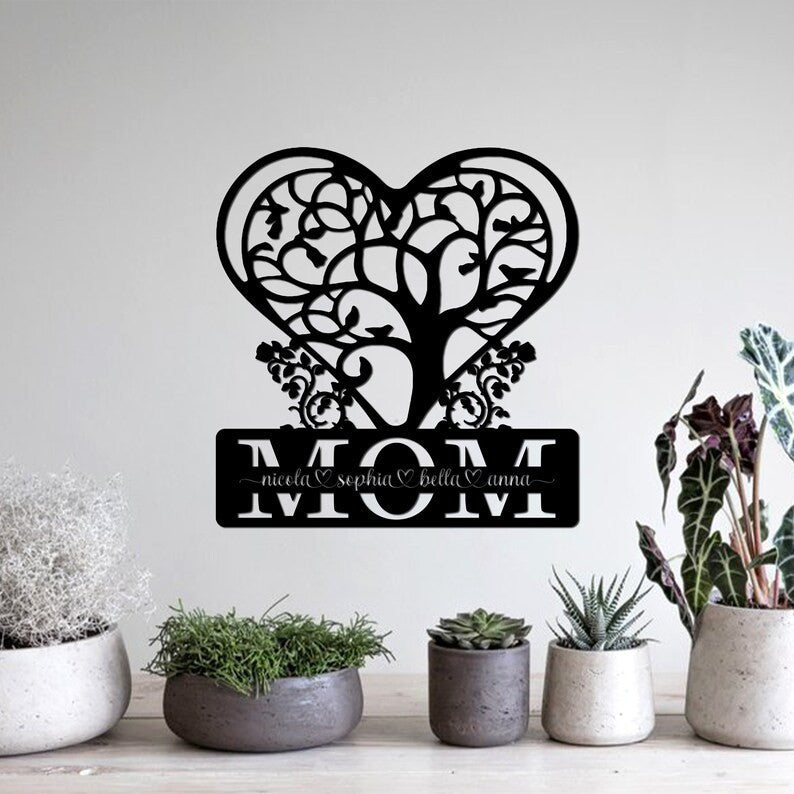 Personalized Metal Wall Mom Sign Heart Tree Metal Sign Mother's Day Gift Custom Kid Name House Decor Gift For Mom Grandma