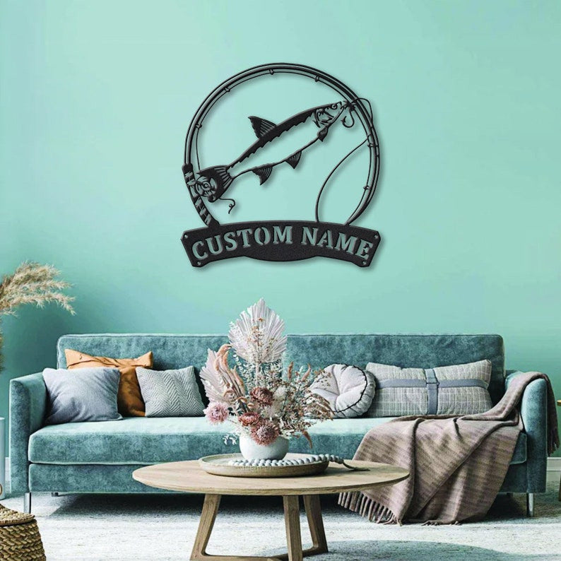 Personalized Asp Fishing Fish Pole Monogram Metal Sign Art , Asp Fishing Fish Metal Sign , Fishing Lover Sign Decoration For Living Room