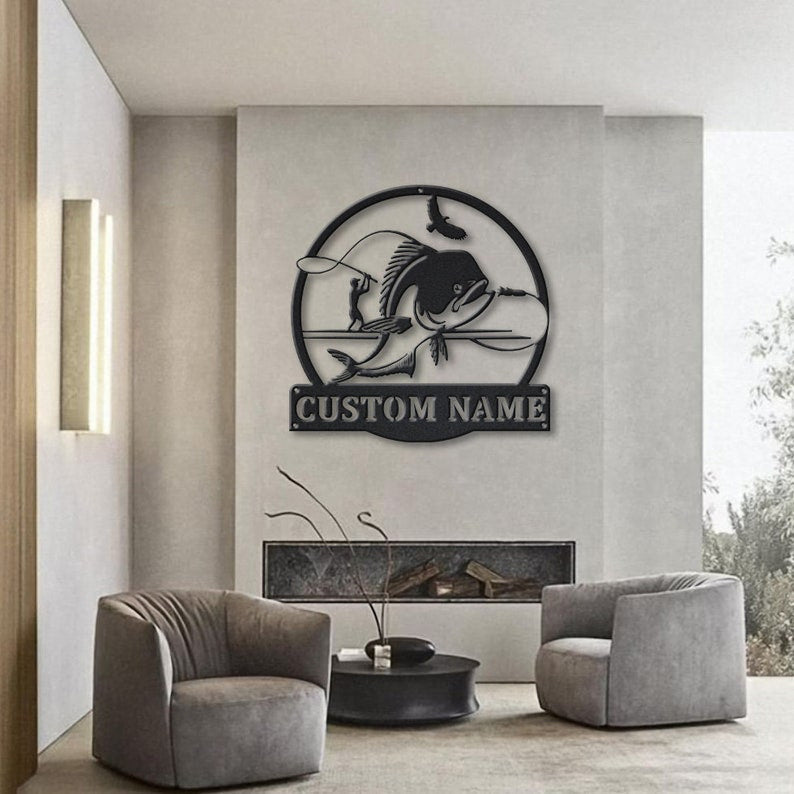 Personalized Mahi-Mahi Fishing Fish Pole Metal Sign Art v2 Custom Mahi-Mahi Fishing Metal Sign Fishing Gifts Funny Mahi Fishing Gift