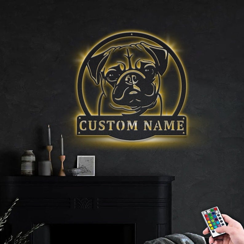 Personalized Pug Dog Monogram Metal Sign WITH LED/WITHOUT LED Lights Custom Pug Dog Sign Birthday Gift Pug Dog Sign Dog Sign