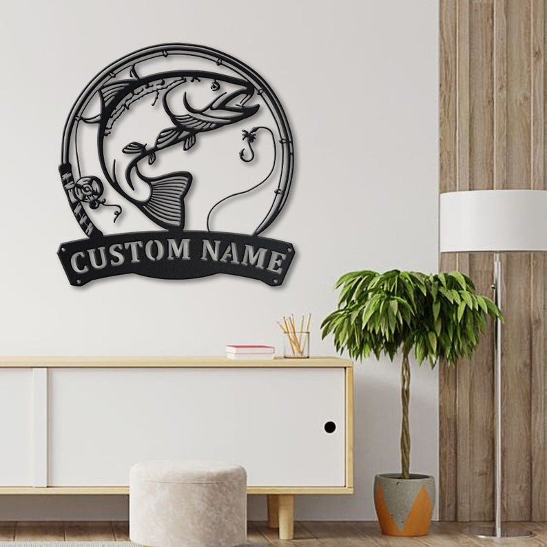 Personalized Rainbow Trout Fish Pole Monogram Metal Sign Art Rainbow Trout Fish Metal Sign Fishing Lover Sign Decoration For Living Room