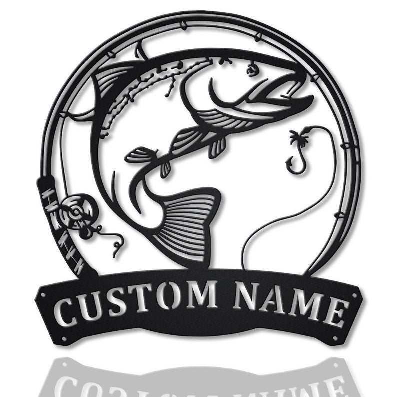 Personalized Rainbow Trout Fish Pole Monogram Metal Sign Art Rainbow Trout Fish Metal Sign Fishing Lover Sign Decoration For Living Room
