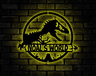 T-Rex dinosaur Metal Wall Art, Led Lights Tyrannosaurus Sign, Personalized T-Rex Sign, Kids Room Decoration, Dino Lover Gift For Children