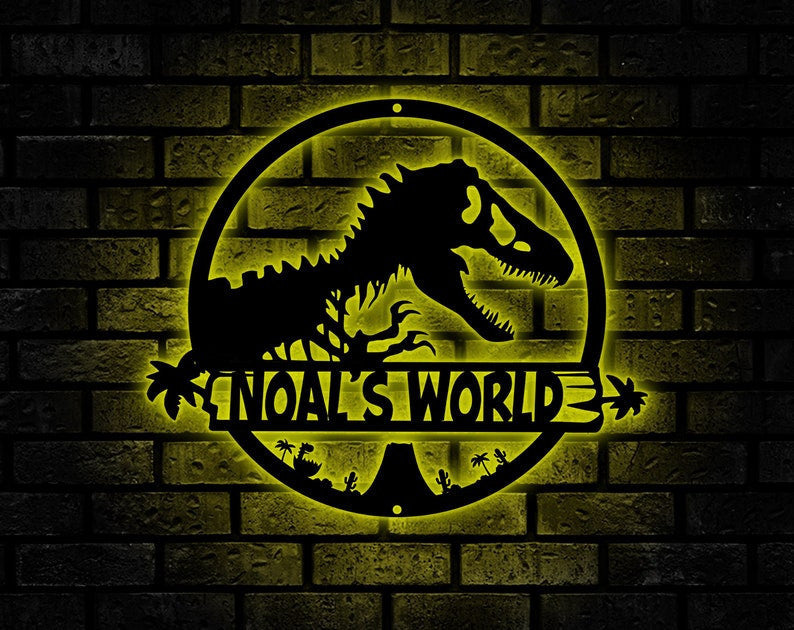 T-Rex dinosaur Metal Wall Art, Led Lights Tyrannosaurus Sign, Personalized T-Rex Sign, Kids Room Decoration, Dino Lover Gift For Children