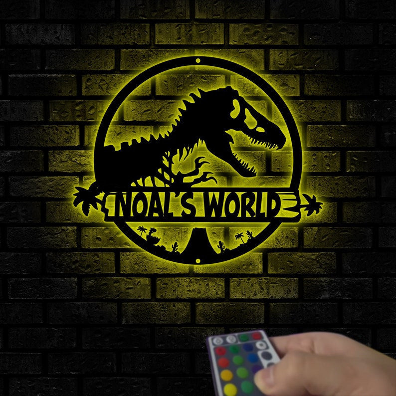 T-Rex dinosaur Metal Wall Art, Led Lights Tyrannosaurus Sign, Personalized T-Rex Sign, Kids Room Decoration, Dino Lover Gift For Children